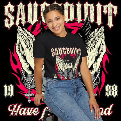 Saucligious Graphic T-Shirt — "Have Faith in God" Angel Design