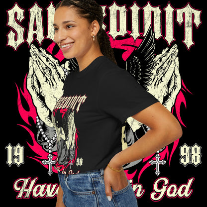 Saucligious Graphic T-Shirt — "Have Faith in God" Angel Design