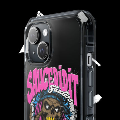 Clear Magnetic Phone Case — "Saucedidit" Skull Hustle Design (Born Broke Die Rich)