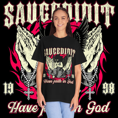 Saucligious Graphic T-Shirt — "Have Faith in God" Angel Design
